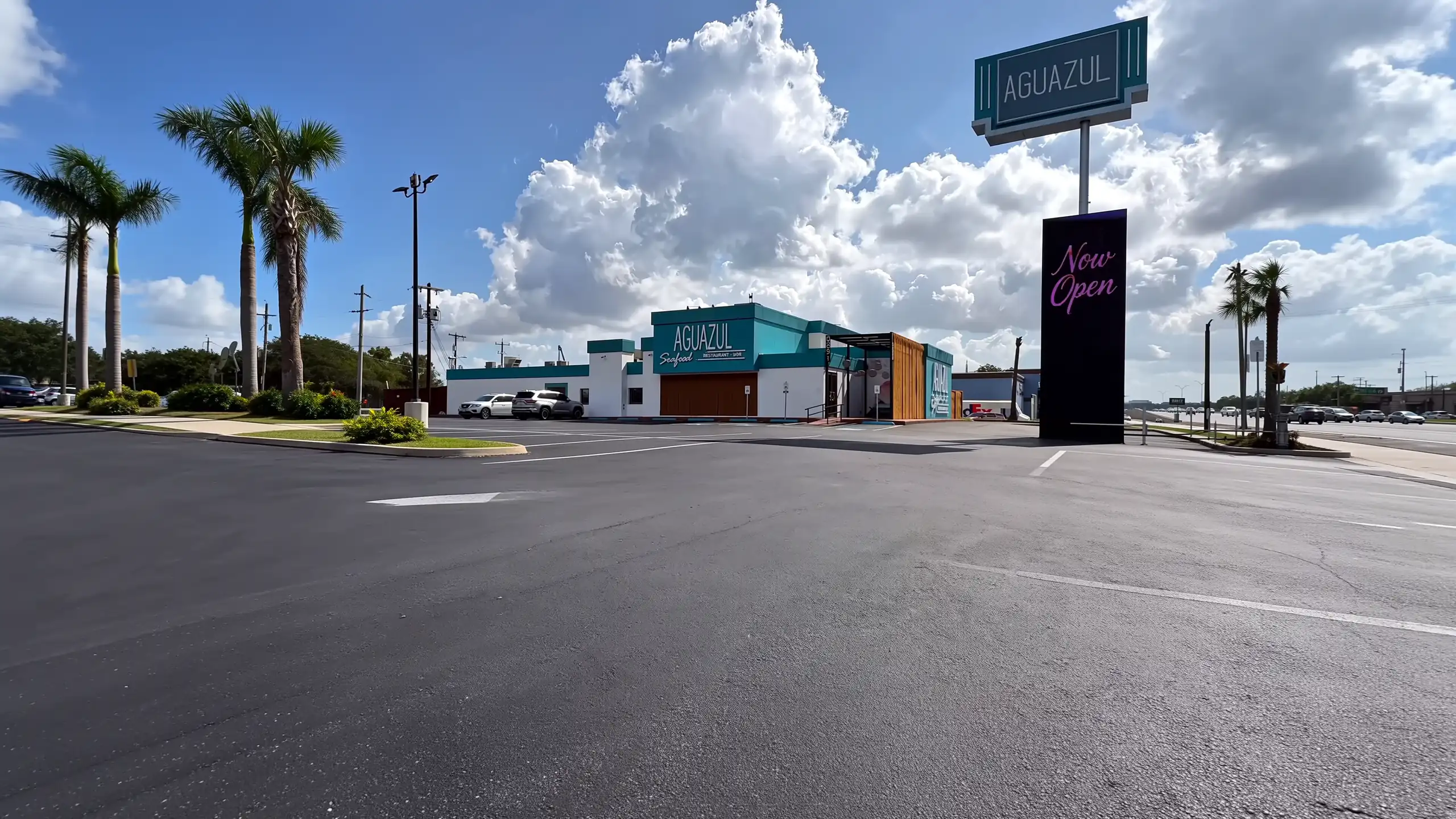 Aguazul Seafood Restaurant + Bar — fachada teal bajo el cielo brillante de Texas en NW Loop 410, San Antonio